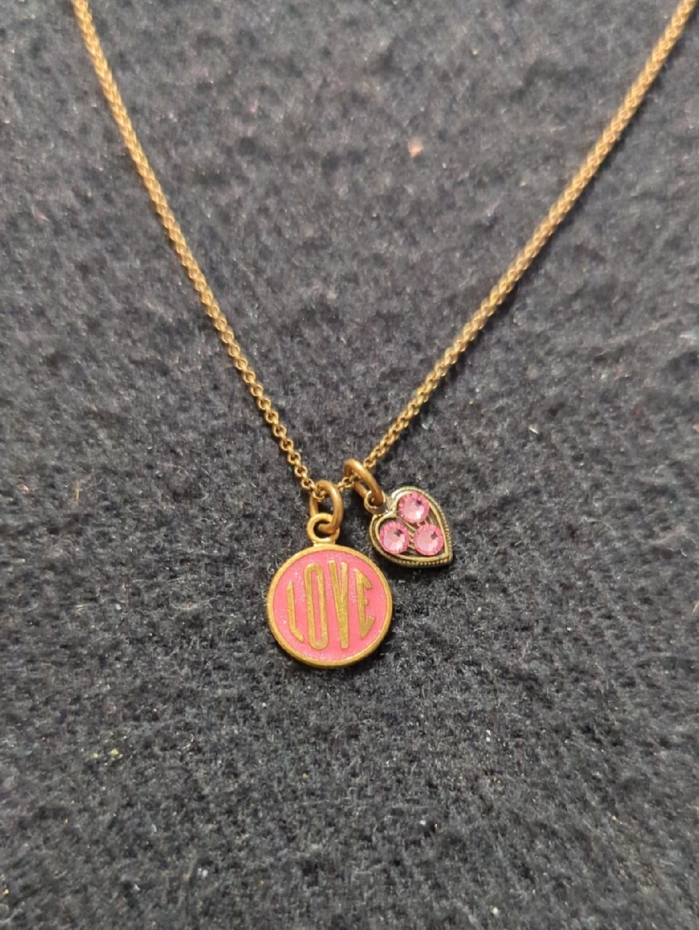 Vintage Anne Koplik Designs Gold Tone Pink LOVE Heart Pendant Statement Necklace